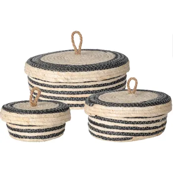 Úložný box Home Styling Collection Úložné slaměné koše s víkem, 3 kusy v sadě, antracitová barva