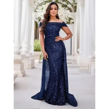 Dámské šaty šaty s odhalenými rameny a odnímatelnou vlečkou, dlouhý střih Barva: Tmavě Modrá, Velikost: 2XL