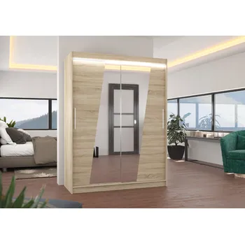 Šatní skříň ADRK Šatní zrcadlová skříň posuvná s LED osvětlením BOLTON S 150 L, dub sonoma