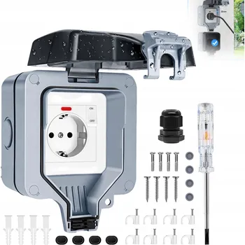 Elektrická zásuvka VENKOVNÍ VODOTĚSNÁ ZÁSUVKA ELEKTRICKÁ ZAHRADNÍ IP66 + SPÍNAČ