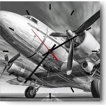 Hodiny Velké nástěnné hodiny na zeď 40x40 Letadlo Skleněné hodiny Čtvercové Tiché