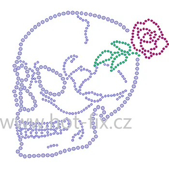 SL017-A - lebka nažehlovací hot-fix kamínková aplikace na textil, rozměry cca 12,9x12,0cm barva: kameny barva 101/N Crystal /stříbrná+103/N Siam /červená+114 Emerald sv.