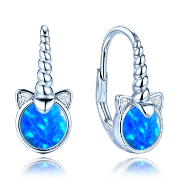 Náušnice Dětské stříbrné náušnice - jednorožci s modrým opálem a čirými zirkony