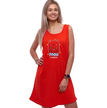 Dámská noční košile Červená dámská noční košilka bez rukávů s motivem kočičí ryby, která jí meloun 1C4075 červená l