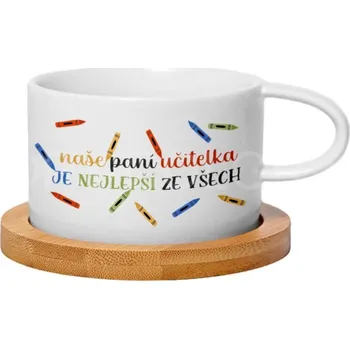 Gravírování Hrníček/šálek Makronka 200 ml s bambusovým talířkem - „Naše paní učite