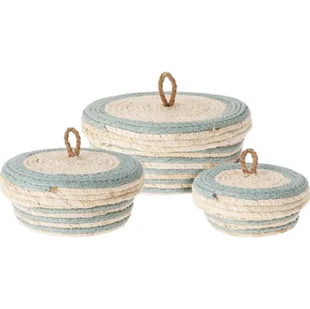 Úložný box Home Styling Collection Úložné slaměné koše s víkem, 3 kusy v sadě, modrá barva