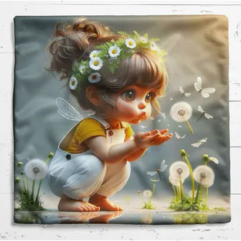 Povlak na dekorativní polštářek Dekorační povlak na polštář 39 x 39cm - dívka s odkvetlými pampeliškami