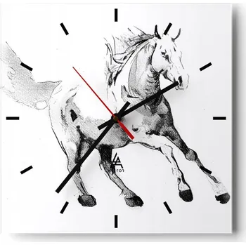 Hodiny Velké nástěnné hodiny na zeď 40x40 Kůň Skleněné hodiny Čtvercové Tiché