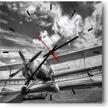 Hodiny Velké nástěnné hodiny na zeď 40x40 Letadlo Skleněné hodiny Čtvercové Tiché