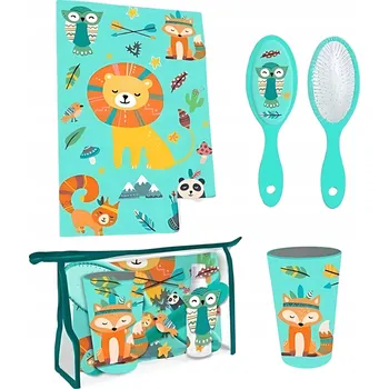 Kosmetická taška Dětská kosmetická taštička, kartáč na vlasy, ručník, hrnek – lev, liška, kočka, sova