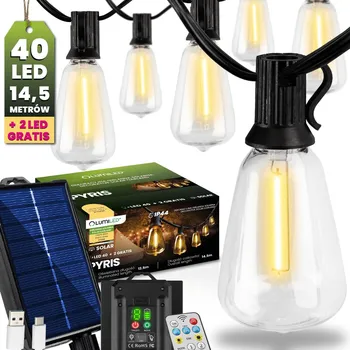 Venkovní osvětlení Girlanda solární zahradní 40x LED Ozdobne žárovky 14,5m 2700K Teplá + Ovladač GRATIS PYRIS LUMILED
