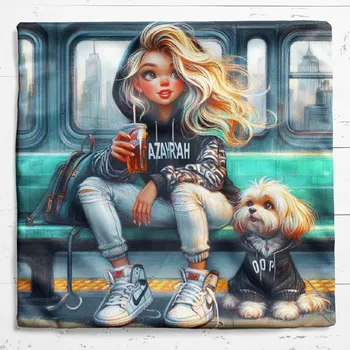 Povlak na dekorativní polštářek Dekorační povlak na polštář 39 x 39cm - dívka s pejskem