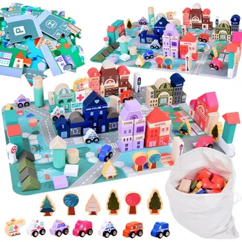 ostatní stavebnice Dřevěné kostky Město s hrací podložkou 115 ks