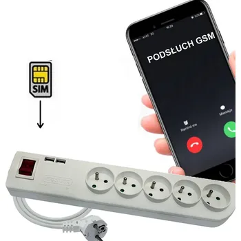 Zabezpečení domácnosti GSM odposlech zásuvková lišta 230V SIM 5xGN 2xUSB detekuje zvuk