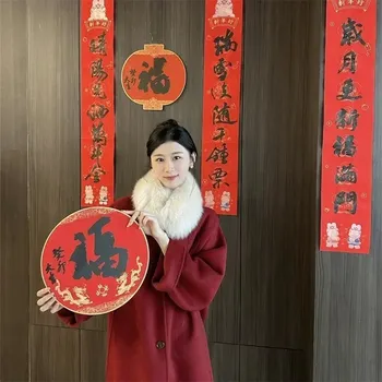 Dámský kabát Dlouhý vlněný kabát – kancelářský styl, límec z pravé kožešiny Barva: Červená, Velikost: M