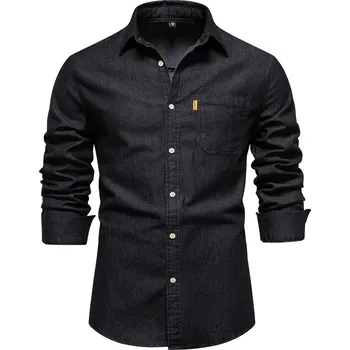 Pánská džínová košile – dlouhý rukáv, jednobarevná, podzim Barva: Černá, Velikost: L