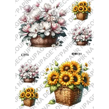 Umělecký papír Rýžový a soft papír na decoupage - Květinový košík - KB03774 Materiál: Soft, Rozměr: A4