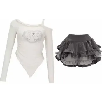 Dámské šaty Minišaty s vrstvenou sukní – světlý top, volánky, dívčí styl Velikost: L, Barva (Varianta): White top