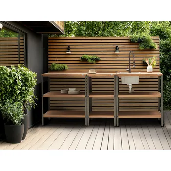 Zahradní dekorace Venkovní kuchyňský ostrov hnědý a černý s dřezem Akáciové dřevo 2 police horní deska 50 x 80 x 92 cm Zahradní kuchyně Jídelna Beliani