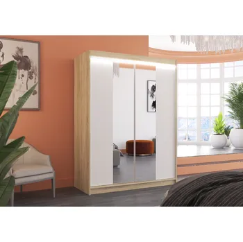 Šatní skříň ADRK Šatní zrcadlová skříň posuvná s LED osvětlením FEVER S-W 150 L, bílá/dub sonoma