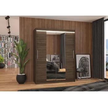 Šatní skříň ADRK Šatní zrcadlová skříň posuvná s LED osvětlením INESS CH 150 L, choco