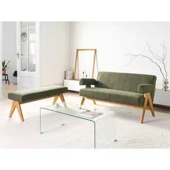 Pohovka 4místná sedací souprava zelená světle hnědá buklé čalounění dřevěné nohy 2místná pohovka lavice retro styl obývací pokoj Beliani