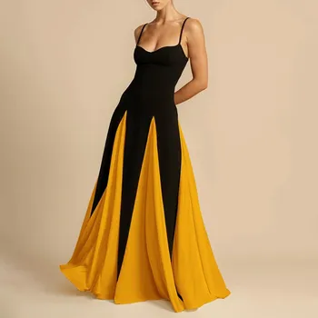 Dámské šaty Večerní šaty s ramínky – dvoubarevný design, dlouhá sukně Barva: Žlutá, Velikost: XL