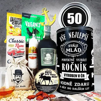 Dárkový potravinový koš Persi - Dárkové balení pro muže s rumem Diplomatico v dárkové korzervě