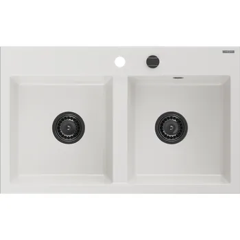 Granitový dřez Mexen Hektor granitový dřez 2-komorový 800 x 480 mm, bílý, černý sifon - 6521802000-20-B Granitové dřezy