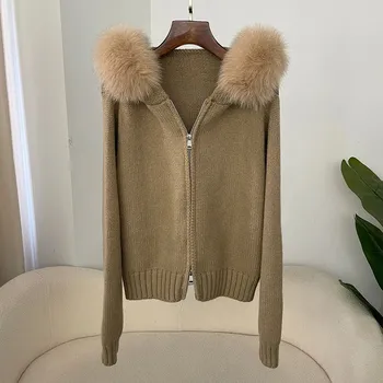 Dámský kabát Krátký svetr s kapucí a límcem z lišky – pletený zimní kabát Barva: Khaki, Velikost: ONE SIZE