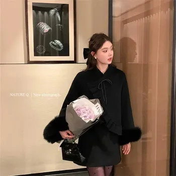 Dámský kožich kabát s mašlí – vlna + liška, oboustranný, krátký střih Velikost: L, Barva (Varianta): Full black