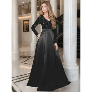 Dámské šaty Večerní šaty s flitry, V výstřih, satén, dlouhý rukáv, rozparek Barva: Černá, Velikost: M