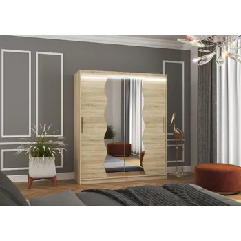 Šatní skříň ADRK Šatní zrcadlová skříň posuvná s LED osvětlením KANSAS S 180 L, dub sonoma