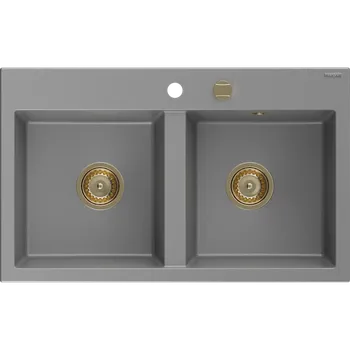 Granitový dřez Mexen Hektor dvoukomorový granitový dřez 800 x 480 mm, šedý, zlatý sifon - 6521802000-71-G Granitové dřezy