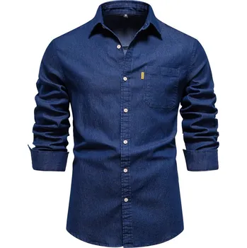 Pánská košile Pánská džínová košile – dlouhý rukáv, jednobarevná, podzim Barva: Tmavě Modrá, Velikost: 2XL