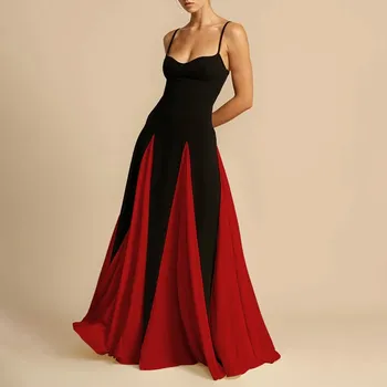 Dámské šaty Večerní šaty s ramínky – dvoubarevný design, dlouhá sukně Barva: Červená, Velikost: S