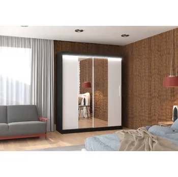 Šatní skříň ADRK Šatní zrcadlová skříň posuvná s LED osvětlením DALLAS B-W 180 L, bílá/černá