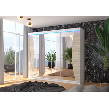 Šatní skříň ADRK Šatní zrcadlová skříň posuvná s LED osvětlením DIEGO W-S 250 L, dub sonoma/bílá