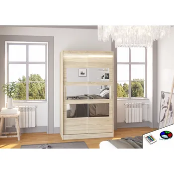 Šatní skříň ADRK Šatní zrcadlová skříň posuvná s LED osvětlením KOLORADO S 120 L, dub sonoma