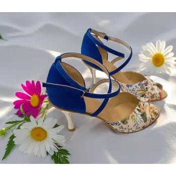 Dámské lodičky Kombinované svatební boty s květinovým designem - modré Velikost obuvi: 35