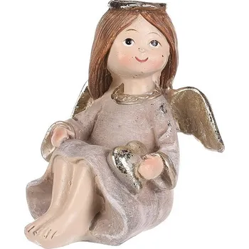 Vánoční dekorace Anděl sedící - polyresin, hnědý se zlatým srdcem