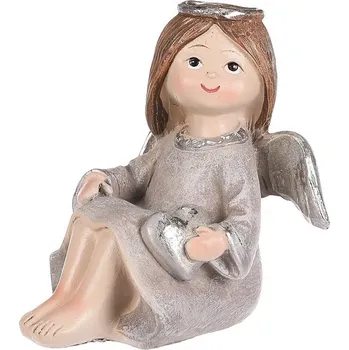 Vánoční dekorace Anděl sedící - polyresin, šedý se stříbrným srdcem