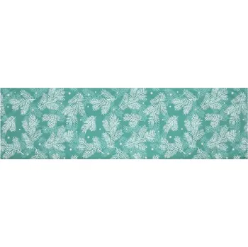 ubrus Běhoun sametový, zelený - vánoční bílý vzor, 100% polyester, 40 x 150 cm