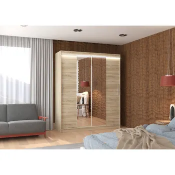 Šatní skříň ADRK Šatní zrcadlová skříň posuvná s LED osvětlením DALLAS S 180 L, dub sonoma