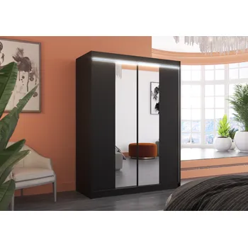 Šatní skříň ADRK Šatní zrcadlová skříň posuvná s LED osvětlením FEVER B 150 L, černá