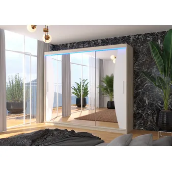 Šatní skříň ADRK Šatní zrcadlová skříň posuvná s LED osvětlením DIEGO S-W 250 L, bílá/dub sonoma