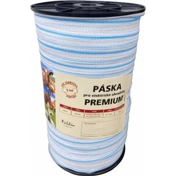 Ohradník Páska PREMIUM 40 mm pro el. ohradník, 3x0,20 mm Niro + 3x0,25 mm CuSn, 200 m, bílo-modré