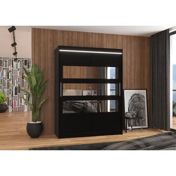 Šatní skříň ADRK Šatní zrcadlová skříň posuvná s LED osvětlením FLORENTO B 150 L, černá