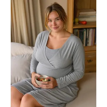 Těhotenské noční prádlo Kojicí noční košile Eva, dlouhý rukáv, šedý melír M/L