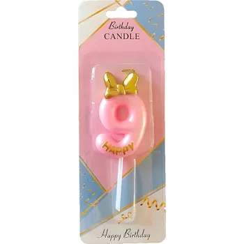 Dortová svíčka Svíčka Růžová Číslo 9 Číslice Elegantní Mašle Narozeninová Svíčka Růžová Happy